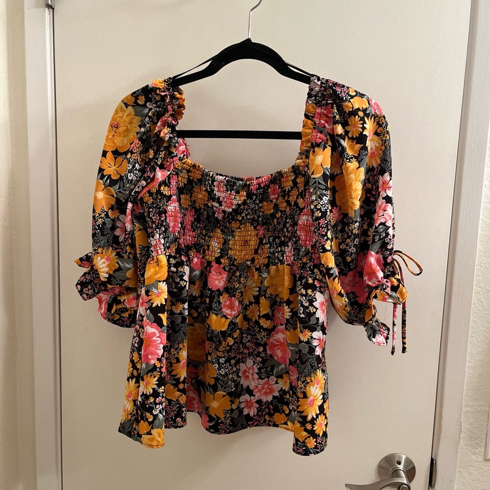 Twine & String Peasant Boho Smocked Blouse Floral… - image 1
